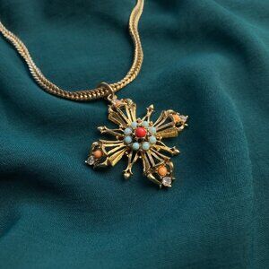 Express Maltese Cross Georgian Style Royal Jeweled Ornate Gold Chain Necklace